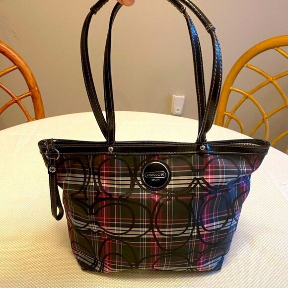 Coach Tartan plaid  tote bag logo glitter leather and canvas designer - Picture 1 of 16